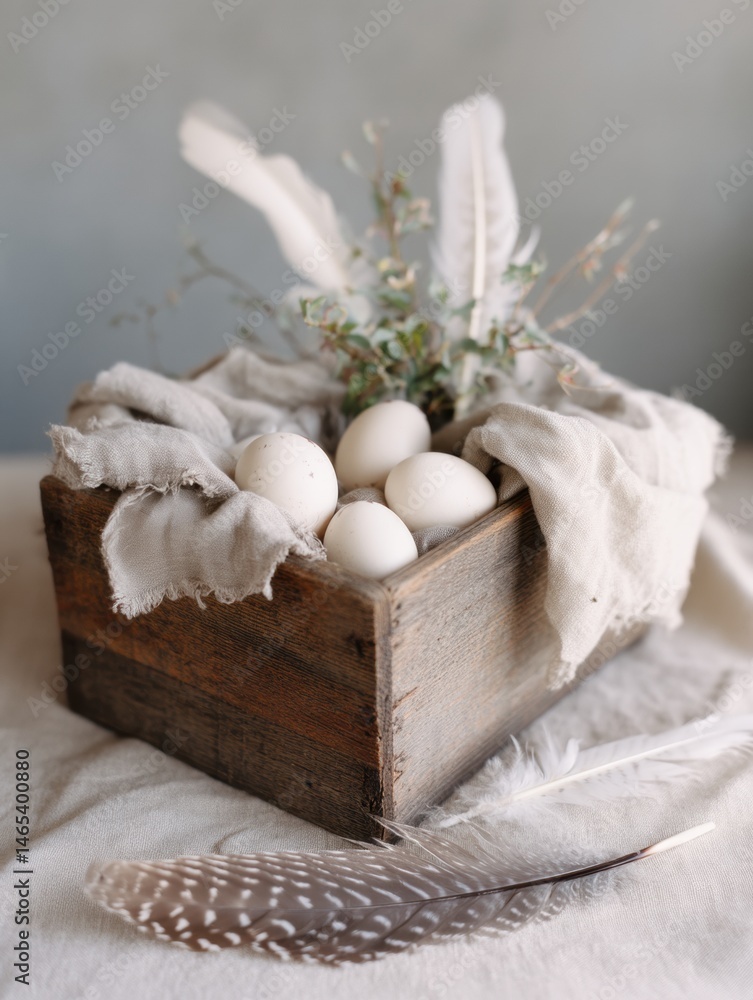 Poster wooden crate filled with eggs and feathers on soft fabric capture serene rural aesthetic generative 