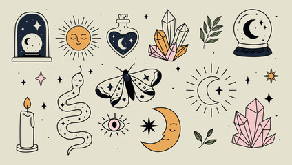 Mystical Boho Clipart Set &ndash; Celestial and Magical Elements in Flat Style