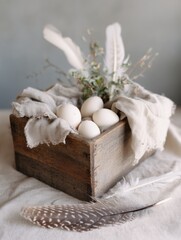 Wooden Crate Filled With Eggs and Feathers on Soft Fabric Capture Serene Rural Aesthetic Generative AI