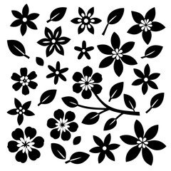 A 4x5 grid of 20 cherry blossom icons in various shades and styles, including single flowers, blooming branches, and buds, with some featuring  leaves, all set against a white background