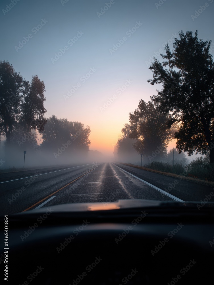 Leinwandbilder fog blankets the road at dawn, creating a mystical and serene driving experience along a quiet stret