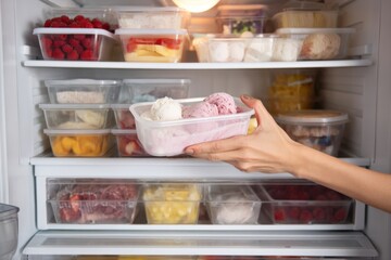 Woman reaching for a delicious ice cream tub in a fully stocked fridge on a sunny day