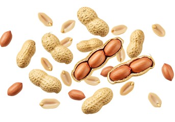 A scattered arrangement of peanuts both shelled and unshelled on a plain white background showing textures