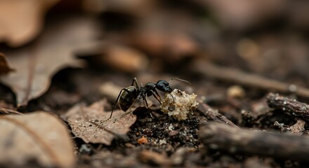Close-up image of a black ant carrying a piece of food on a forest floor setting.