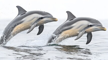 Obraz premium Two Dolphins Leaping Ocean Water Wildlife Marine Mammals
