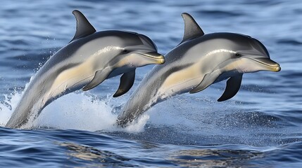 Fototapeta premium Two Dolphins Leaping Ocean Water Marine Wildlife