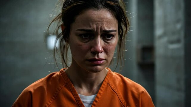 A sad woman wearing an orange inmate uniform