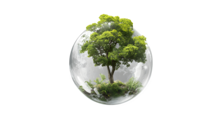 Lush Green Tree Encapsulated in a Glass Sphere Representing Environmental Conservation and Nature Preservation