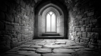 Rustic Stone Passage with Gothic Window Illuminated by Soft Natural Light