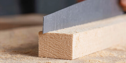 A hand saw is cutting a wooden block on a workbench. Concept: woodworking, craftsmanship, precision