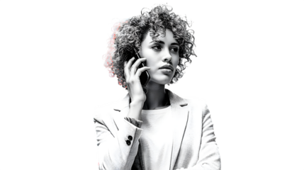 Thoughtful businesswoman on phone call serious expression transparent background professional portrait