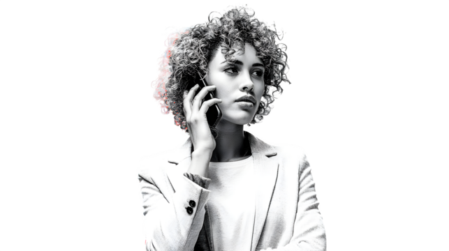 Thoughtful businesswoman on phone call serious expression transparent background professional portrait