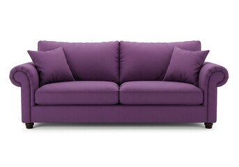 A purple sofa with two cushions on a white background in a studio setting with good lighting