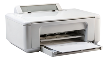 A white inkjet printer with a blank sheet of paper in the tray