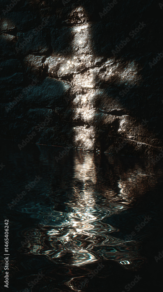 Aufkleber reflection of an ancient cross on rippled water, with stone texture, creating a mystical and rustic 