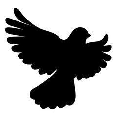 Silhouette of a flying bird with outstretched wings against white background