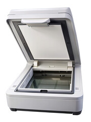 Open scanner showcasing document placement glass, ready for scanning operations, office technology