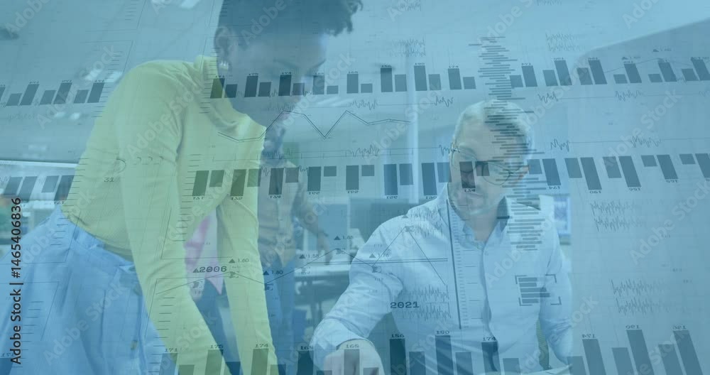 Poster two male colleagues collaborating over finance data with animated bar charts floating above desk