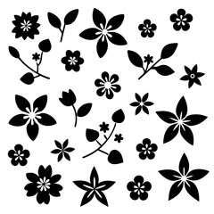 A 4x5 grid of 20 cherry blossom icons in various shades and styles, including single flowers, blooming branches, and buds, with some featuring  leaves, all set against a white background