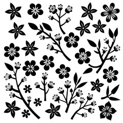 A 4x5 grid of 20 cherry blossom icons in various shades and styles, including single flowers, blooming branches, and buds, with some featuring  leaves, all set against a white background