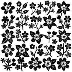 A 4x5 grid of 20 cherry blossom icons in various shades and styles, including single flowers, blooming branches, and buds, with some featuring  leaves, all set against a white background
