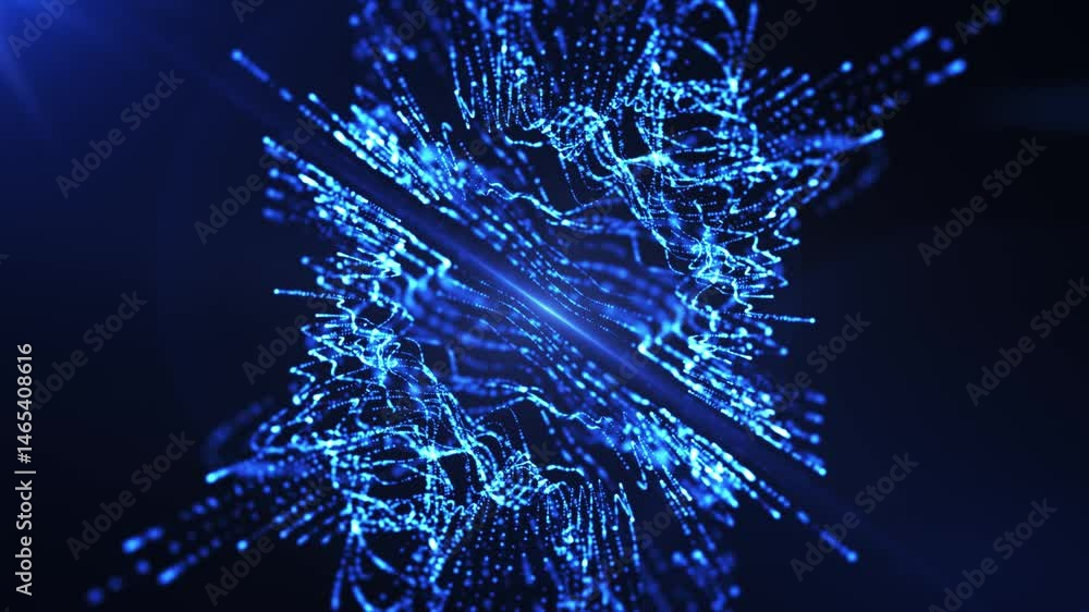 Poster abstract background with wavy particles of energy form, digital blue futuristic waves. seamless loop
