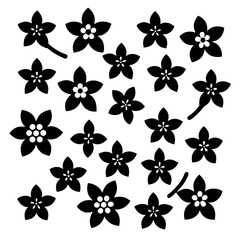 A 4x5 grid of 20 cherry blossom icons in various shades and styles, including single flowers, blooming branches, and buds, with some featuring  leaves, all set against a white background