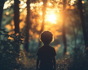 Fototapeta premium A sad child standing at the edge of a forest, looking lost and alone, soft, fading light in the background 