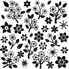 A 4x5 grid of 20 cherry blossom icons in various shades and styles, including single flowers, blooming branches, and buds, with some featuring  leaves, all set against a white background