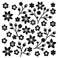 A 4x5 grid of 20 cherry blossom icons in various shades and styles, including single flowers, blooming branches, and buds, with some featuring  leaves, all set against a white background