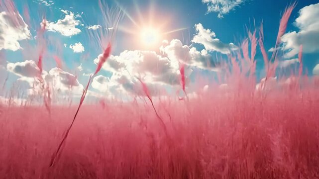Pink muhly grass under a bright blue sky