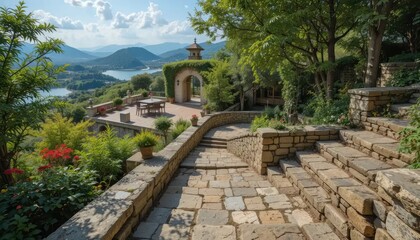 Fototapeta premium Serene Hilltop Estate with Panoramic Lake Views