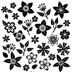 A 4x5 grid of 20 cherry blossom icons in various shades and styles, including single flowers, blooming branches, and buds, with some featuring  leaves, all set against a white background