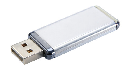 Silver and white USB flash drive used to store and transfer information