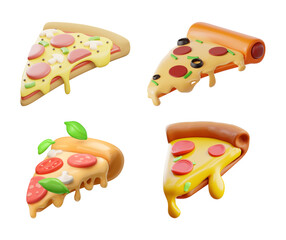 3D Cartoon Pizza Slices with Melting Cheese, Pepperoni, and Fresh Toppings