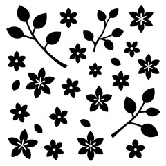 A 4x5 grid of 20 cherry blossom icons in various shades and styles, including single flowers, blooming branches, and buds, with some featuring  leaves, all set against a white background