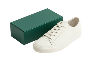 Still life of an off white sneaker next to a dark green box on a black background in a studio setup