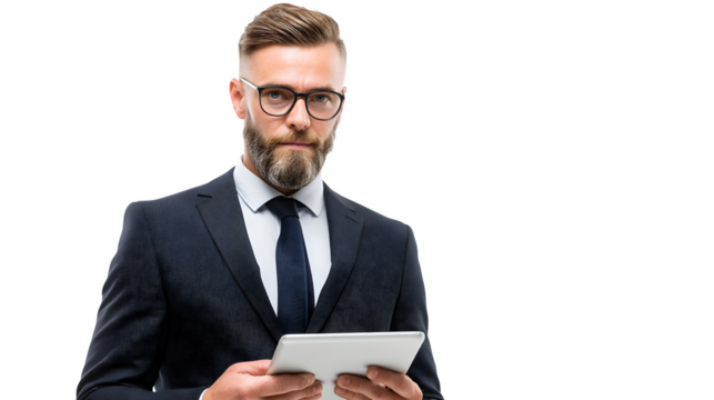 Confident businessman in suit using a tablet against a transparent background professional portrait
