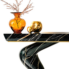 A Modern Black Marble Console Table with Gold Accent Isolated on Transparent Background