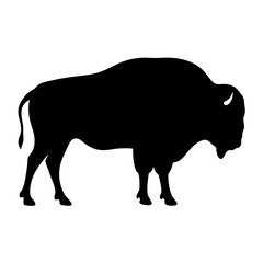 Black silhouette of a large American bison against a plain white background