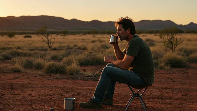 Man drinks coffee in the outback landscape.