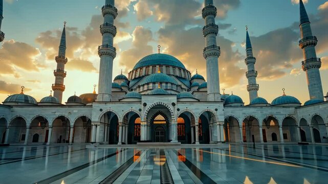 Exterior view of a mosque with minarets at sunset