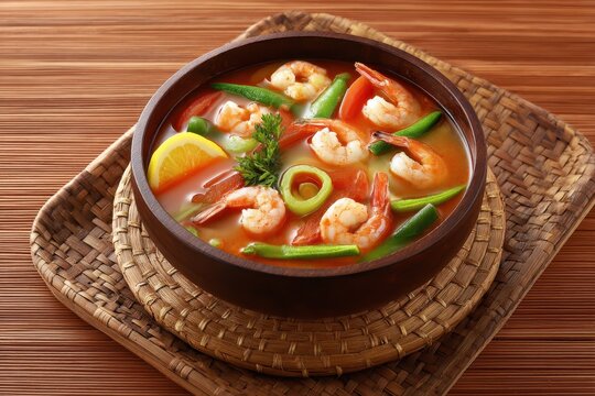 Filipino sinigang na hipon sour shrimp soup on woven rattan mat