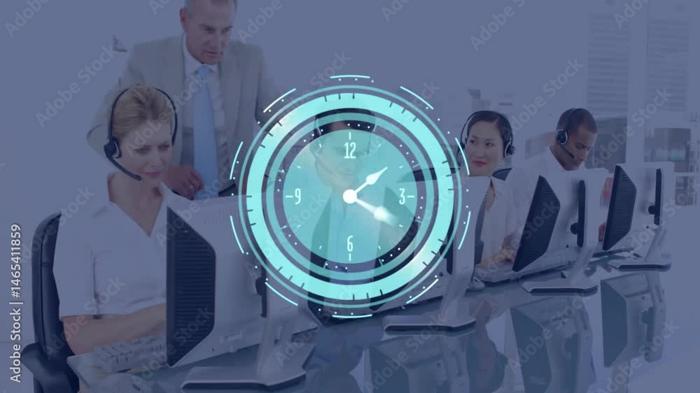 Poster call center agents collaborating at computer desks, showcasing futuristic digital clock overlay