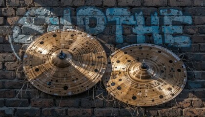 Golden Cymbals Against Graffiti Brick Wall