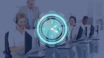 Call center agents collaborating at computer desks, showcasing futuristic digital clock overlay - Powered by Adobe