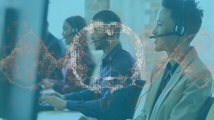 Call center agents speaking into headsets typing on keyboards, displaying animated network overlay - Powered by Adobe