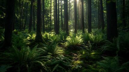 Sunlight filtering through a dense forest of towering trees.