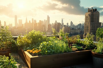 Fototapeta premium Urban rooftop garden, a vibrant oasis amidst city skyscrapers.