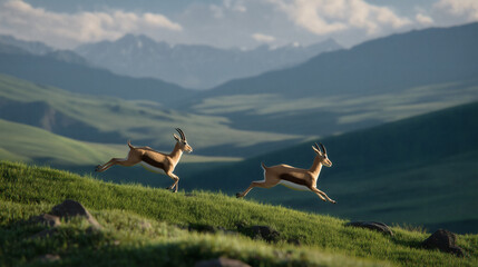 Fototapeta premium Two Tibetan antelopes leaping through mountain landscape